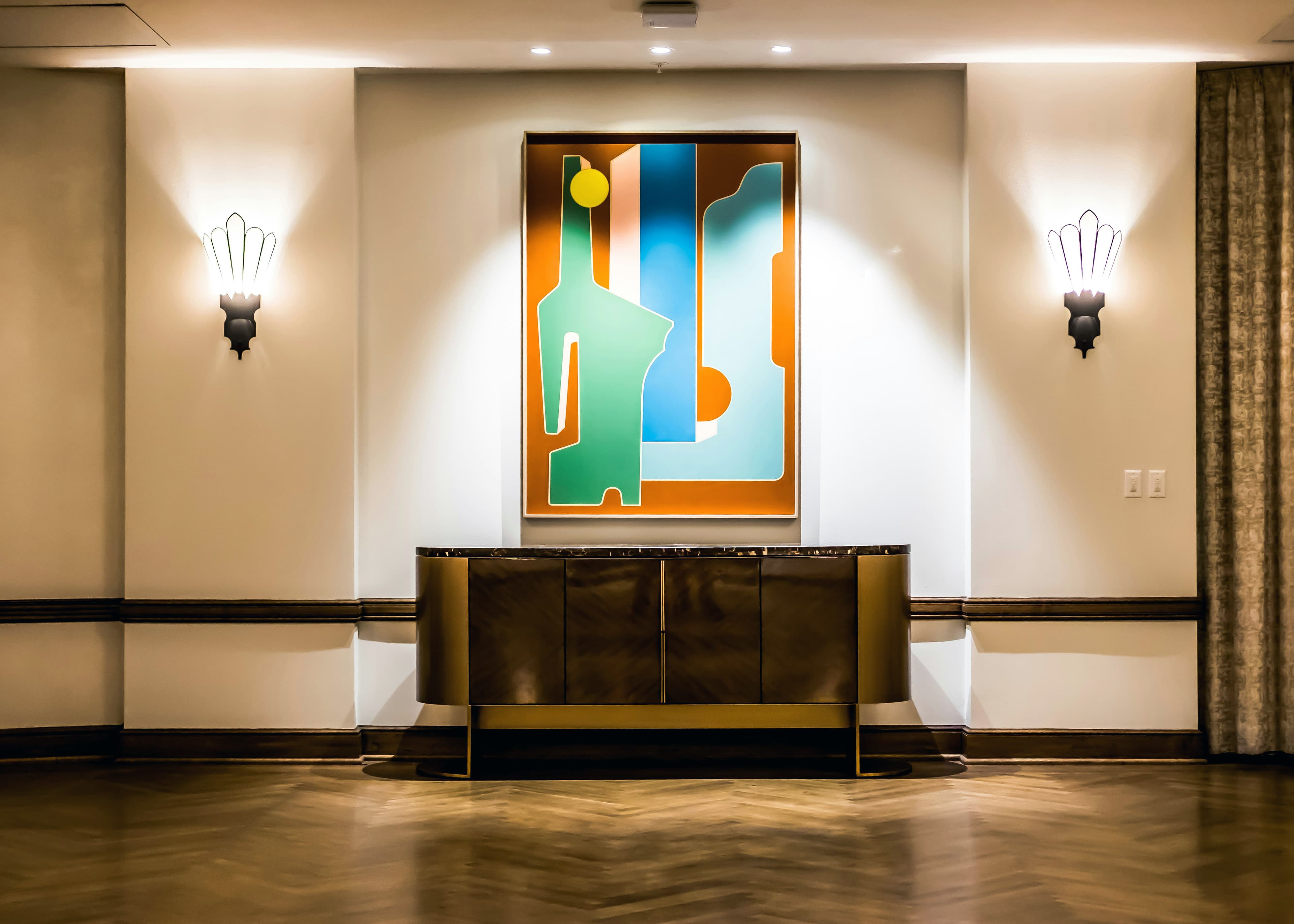 Hotel lobby with artwork displayed